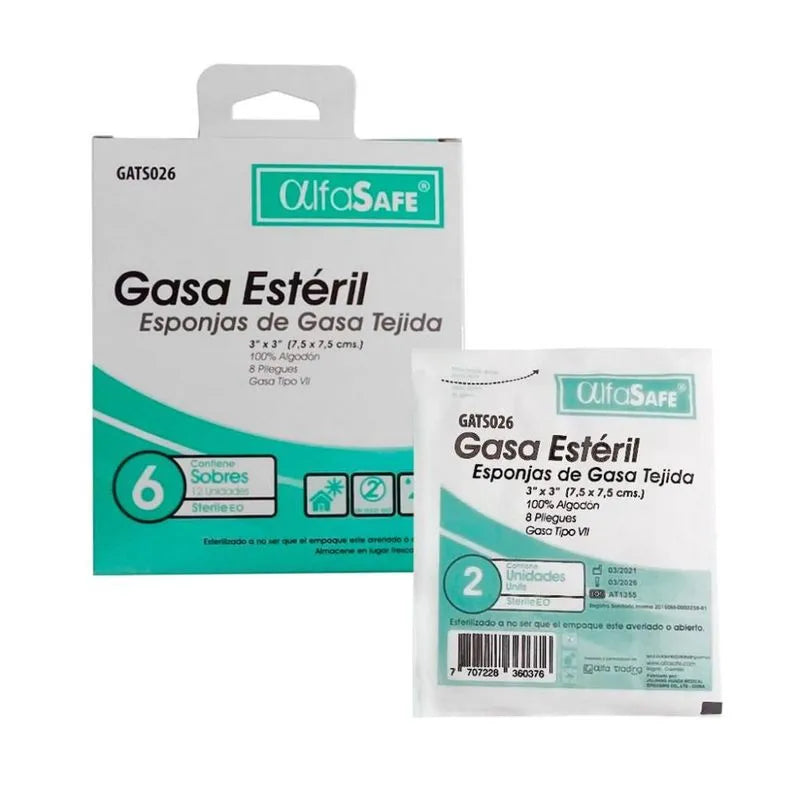 Gasa Estéril AlfaSafe 3"x3" - Esponjas de Gasa Tejida x 2 Unidades