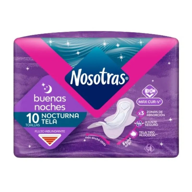 Nosotras Buenas Noches Nocturna Tela - Toallas Higiénicas x 10 Unidades
